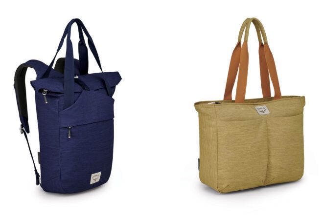 To the left, a blue backpack. To the right, a tan tote bag.