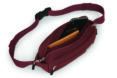 An overhead view of an open red fannypack.