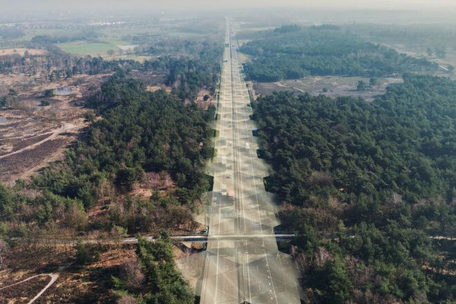 An overhead view showing an interlocking pattern of the bridge over the highway.