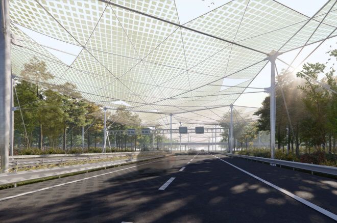 A translucent canopy over a highway.