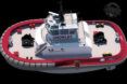 An overhead rendering of the eWolf tugboat in gray and red.