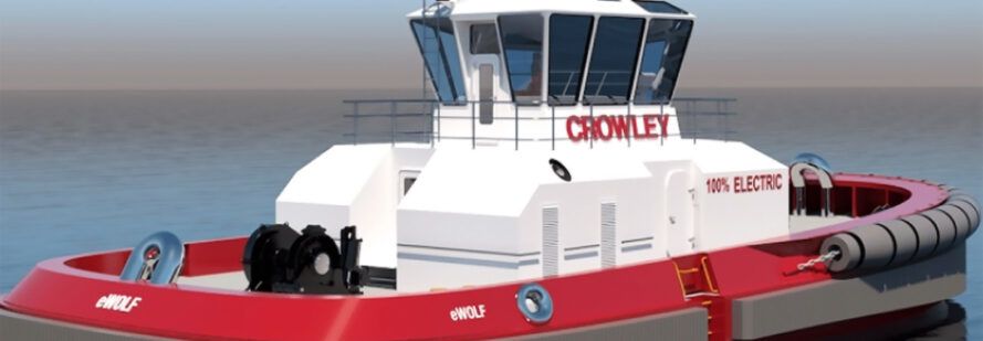 A rendering of the eWolf tugboat on water.