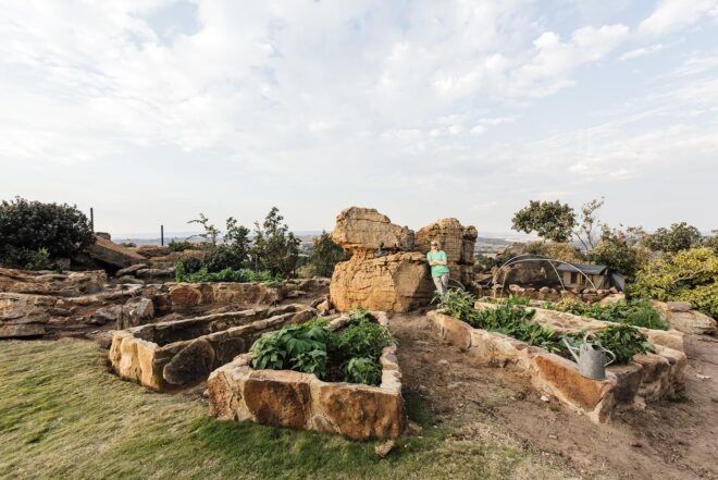 A backyard garden with stone planters.
