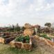 A backyard garden with stone planters.