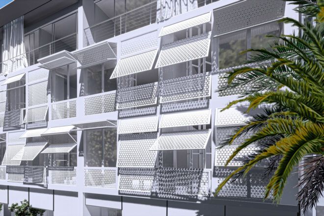 A close-up of the white panels covering the building's facade.