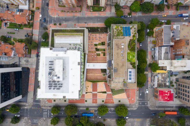 An overhead view of the building's footprint in the city.