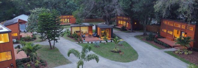 An overhead view of the tiny home community.