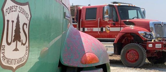 A green forest service truck in front of a red fire truck.