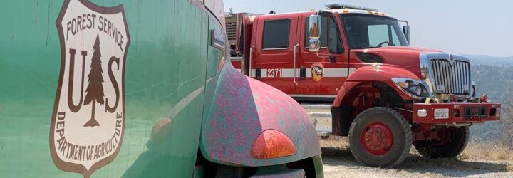A green forest service truck in front of a red fire truck.