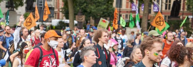 A crowd of Extinction Rebellion protestors.