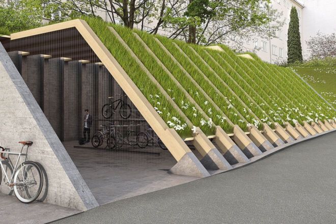 A bike parking area covered by a green roof.