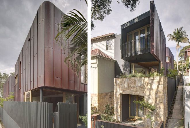 To the left, the exterior cladding of the home. To the right, a two-level home with a balcony and windows.
