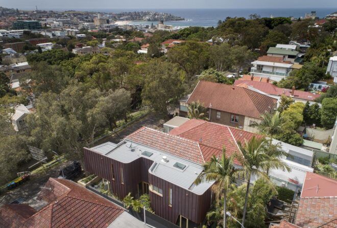 An overhead view of the beach neighborhood where the home resides.