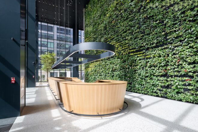 An angled view of an oval-shaped wood desk in front of a large green wall.