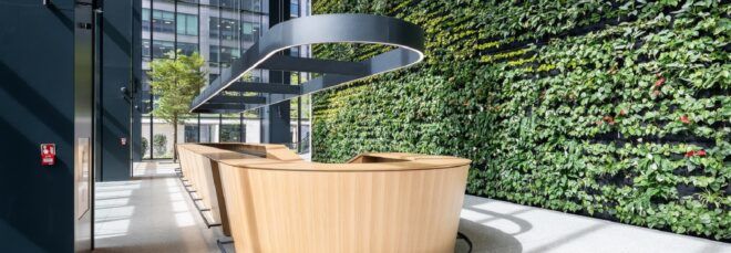 An angled view of an oval-shaped wood desk in front of a large green wall.