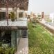 A dappled roof sends a pattern of light and shadow over the side of the home and onto the yard.