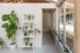 leaning white bookshelf with plants