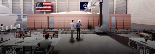 The inside of a factory where Mars Dune Alpha is being constructed.