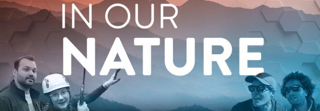 A title card with red and blue filters over pictures of four people, with text reading "In Our Nature" in the middle of the image.