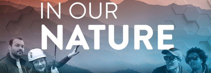 A title card with red and blue filters over pictures of four people, with text reading "In Our Nature" in the middle of the image.