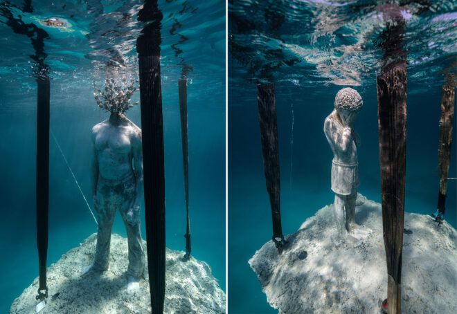 Two images. To the left, a sculpture of a man being lowered underwater. To the right, a sculpture of a child being lowered underwater.