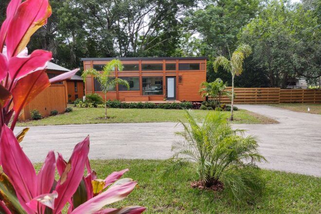 A streetview of the tiny home, partially obscured by plants.