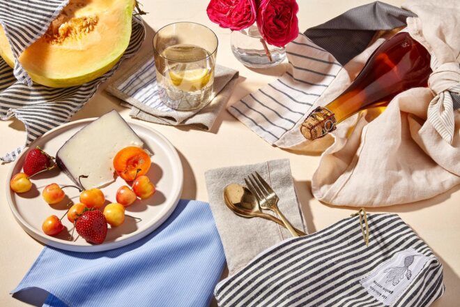 picnic spread with striped linen towels