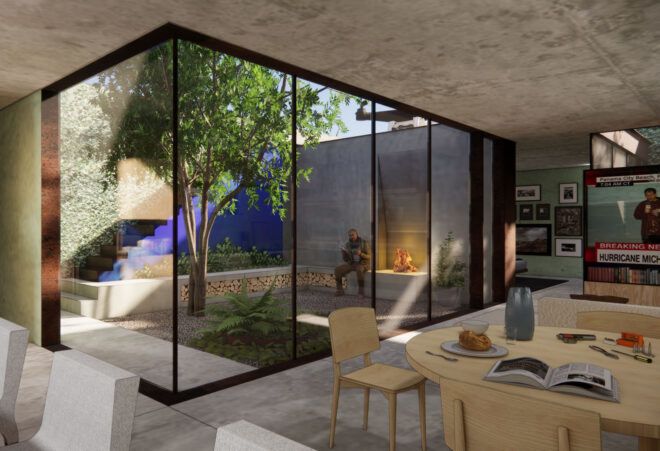 Floor-to-ceiling windows looking out onto a green courtyard.