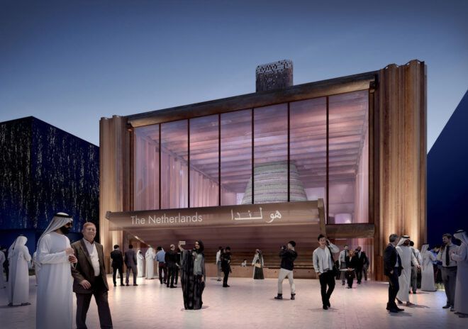 rendering of pavilion with glass wall revealing vertical farm inside