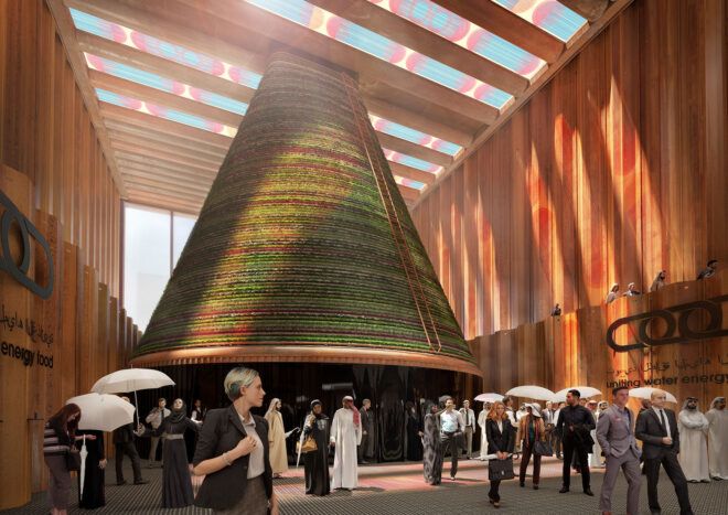 rendering of cone-shaped vertical farm inside a pavilion with colorful solar roof