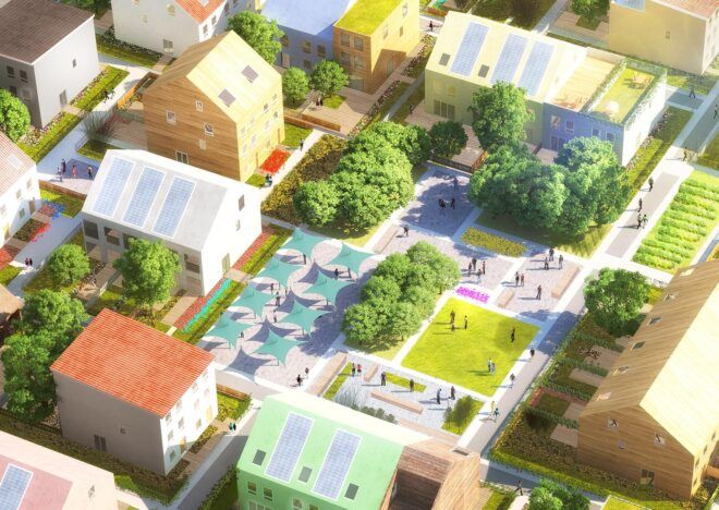 rendering of colorful gabled homes and small parks in a neighborhood