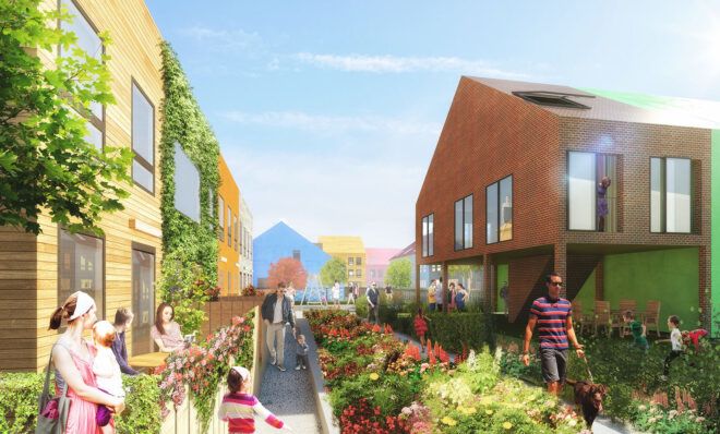 rendering of people walking on paths through gardens in a residential neighborhood