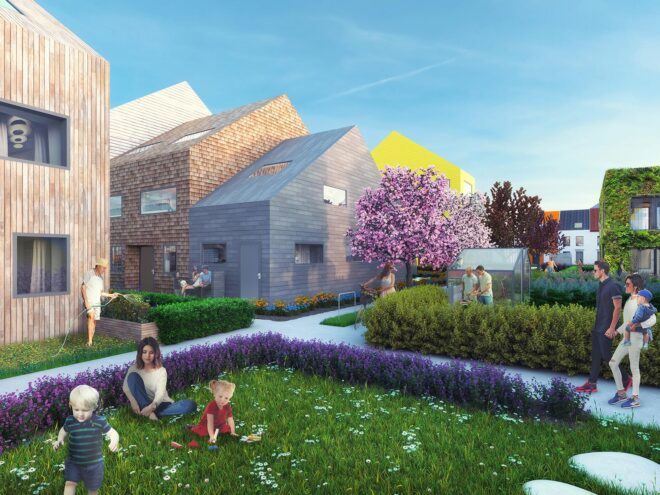rendering of people sitting in grass in park