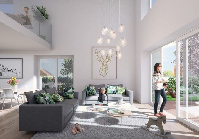 rendering of parent in modern living room watching children