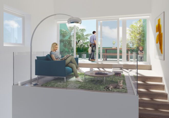 rendering of person sitting on sofa in a loft