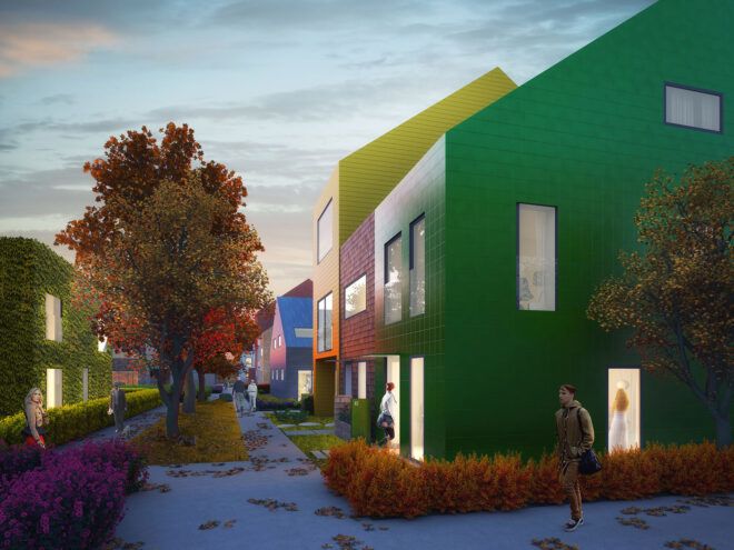 rendering of brightly colored gabled homes
