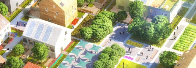 rendering of colorful gabled homes and small parks in a neighborhood