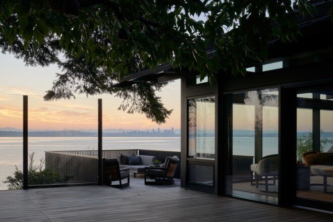 A wood deck overlooking the Puget Sound.