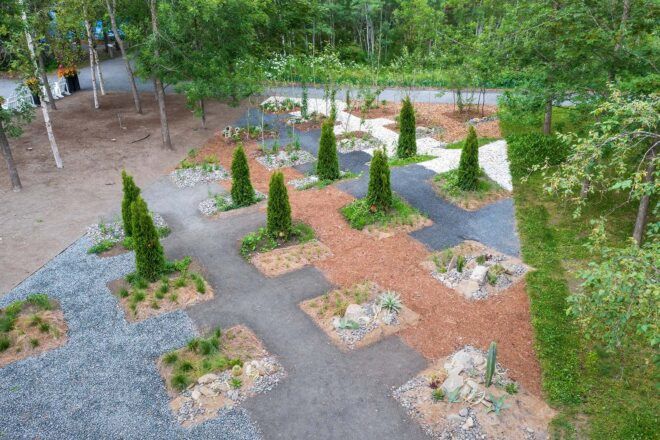 A garden with hard tile surrounding small square plots of land where trees and shrubs are planted.
