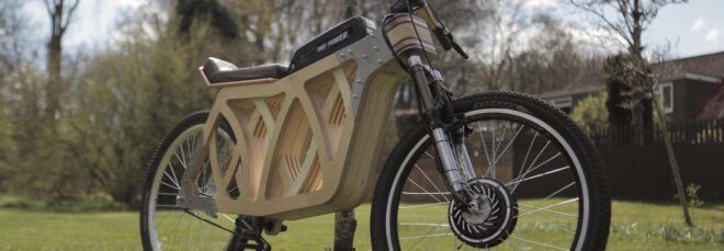 A cropped image of a wooden e-bike on a grassy lawn.