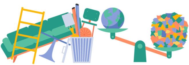 A colorful graphic illustrating the environmental impact of design.