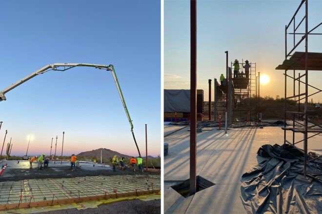 To the left, a crane on a construction site. To the right, a construction site cast in shadows at dusk.