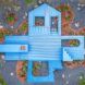 An overhead view of a blue house opened up to look like an exploded diagram of a house.