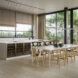 A kitchen with white counters, wood floors and a table with chairs.
