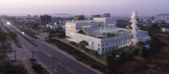 An aerial view of the construction area at dawn.