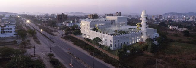 An aerial view of the construction area at dawn.