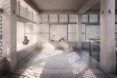 An internal view of the Baori, with light streaming in as people read.
