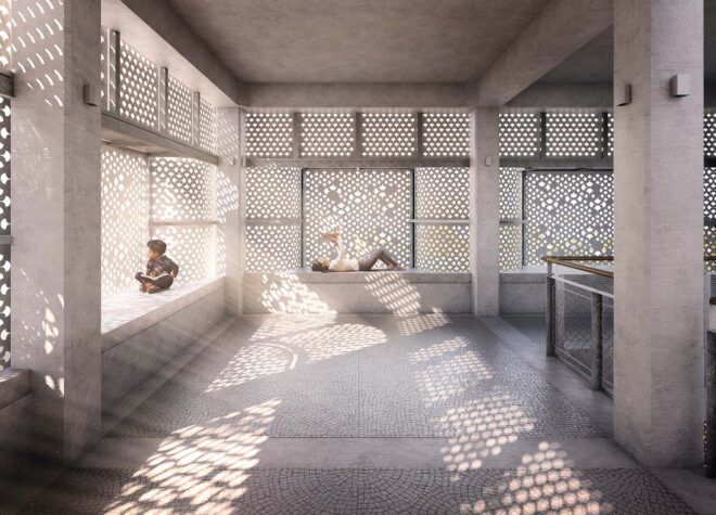 An internal view of the Baori, with light streaming in as people read.