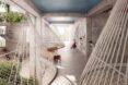 A mezzanine deck with curving grid walls around the central courtyard.
