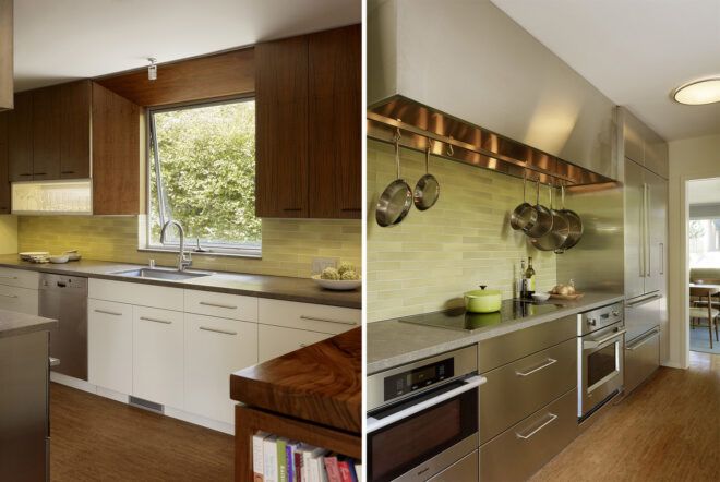 To the left, a window above a kitchen sink surrounded by wood cabinets. To the right, stainless steel appliances in a kitchen with wood floors.